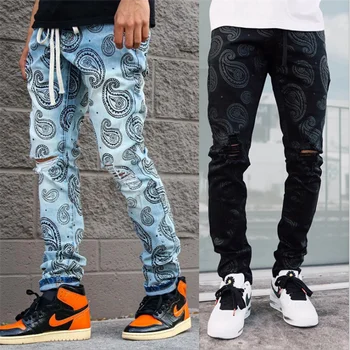 2021 Homens Ripped Jeans Novo Estilo Streetwear Nova Moda Jacquard Impressão de Jeans, Calças Casuais Lápis Solto Hip Hop Calças
