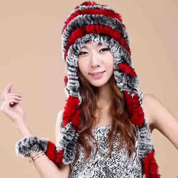 Mulheres Reais Rex Rabbit Fur Chapéus Da Moda Outono Inverno De Luxo Genuíno Artesanal De Malha Listrado Senhora Quente Caps Beanies 2018