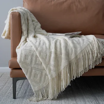 Nova malha cobertor imitação cobertor de lã com borlas adequado sofá de casa moda têxtil xale
